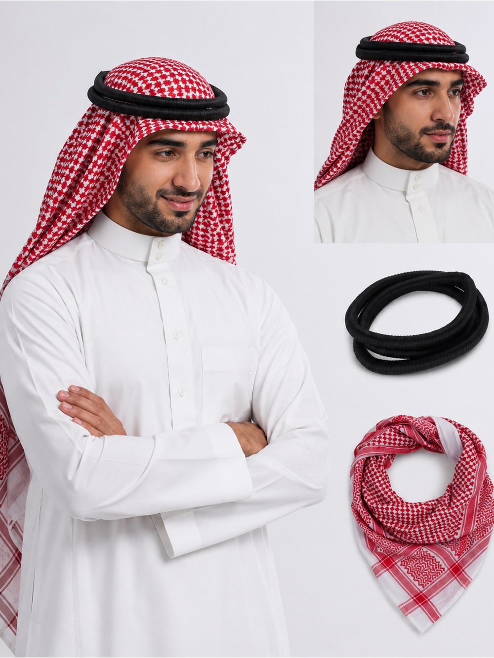 Glitz Red and White Keffiyeh with Black Agal